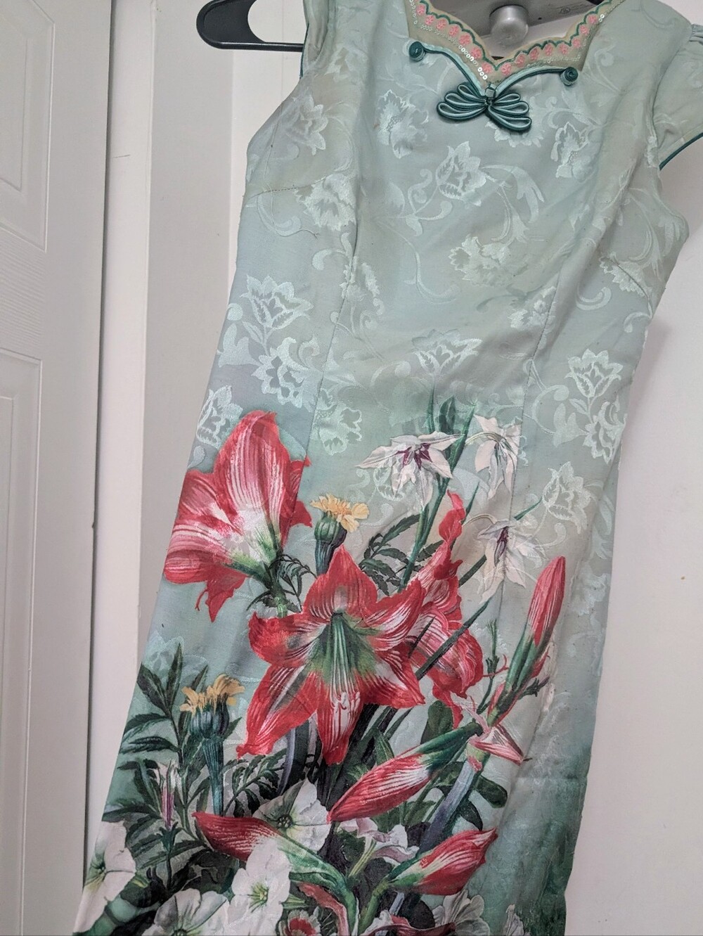 Floral Mint Cheongsam-Style Dress with Red Lily Print